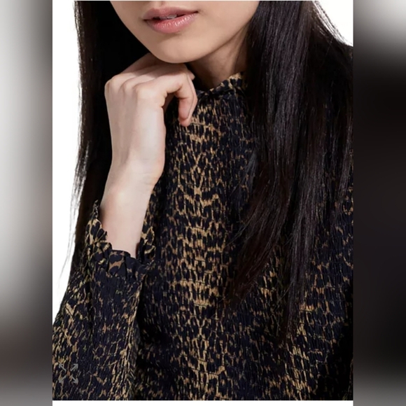 The Kooples Leo Print Long Sleeve Shirt With Ruffled Collar & Wrist- Black &Gold - Picture 3 of 10